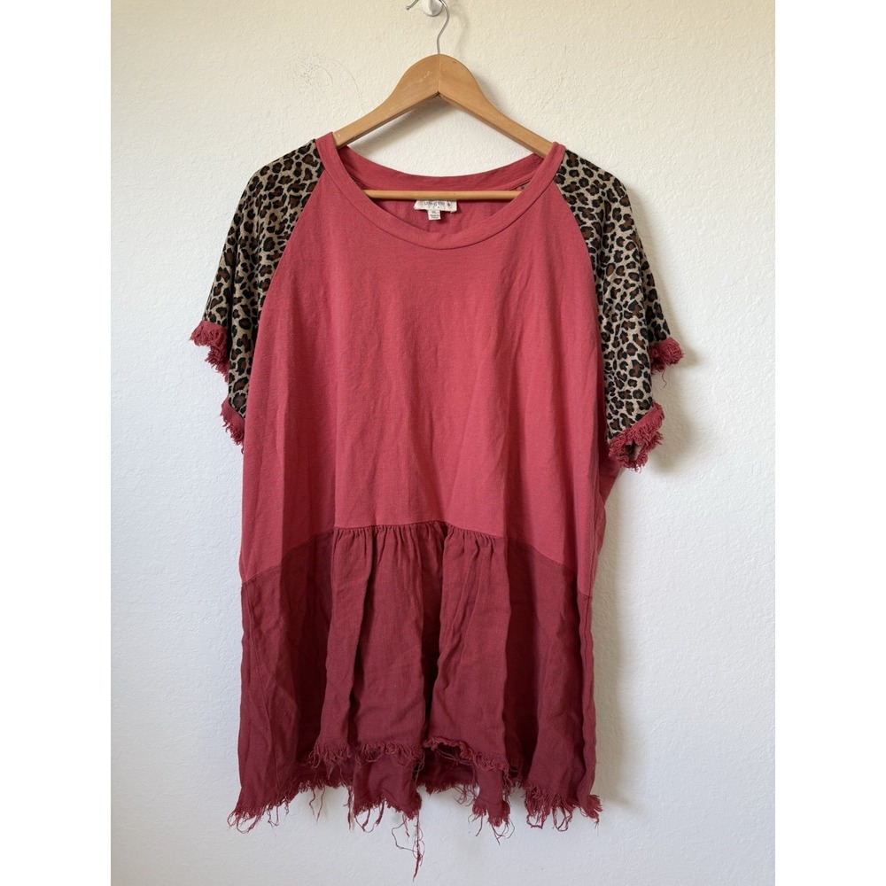 Umgee Linen Blend Boho Tunic Top Leopard Sleeve Fringe Size 1XL Rust Pink
